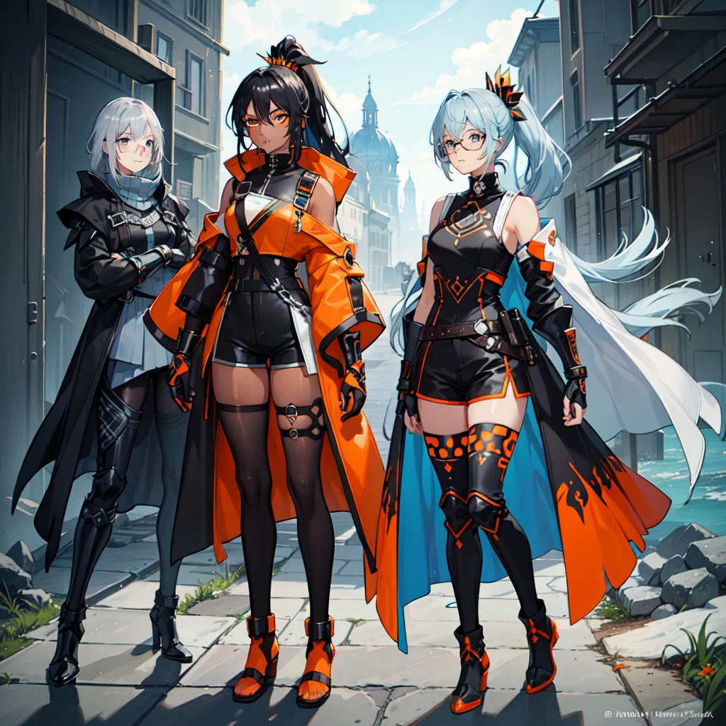 (((One character))), Female, (((Dark Skin)))), Black Hair with Ponytail, Light Blue Eyes, Round Glasses with a Little Dark Lens with this Lens being Orange, and the Light Blue Color frame, (((Black Metallic Gauntlets and Greaves with Orange and Silver Highlights)), (((The Clothes Have a Mix of Modern and Tribal)))), Having Mostly Black Color, but having Orange Parts, Shoulders on Display, On the Hip a Shorts extending to Half of the Thigh of black color.