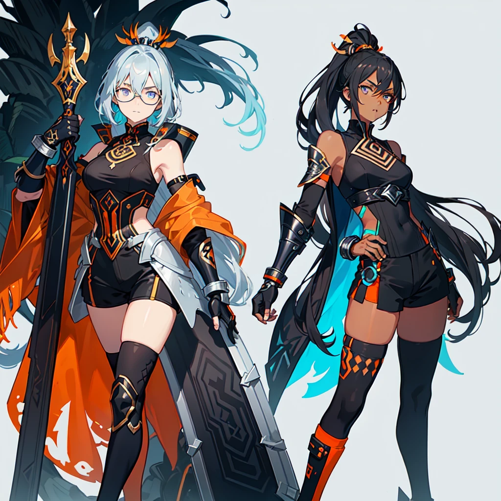 (((One character))), Female, (((Dark Skin)))), Black Hair with Ponytail, Light Blue Eyes, Round Glasses with a Little Dark Lens with this Lens being Orange, and the Light Blue Color frame, (((Black Metallic Gauntlets and Greaves with Orange and Silver Highlights)), (((The Clothes Have a Mix of Modern and Tribal)))), Having Mostly Black Color,  but having Orange Parts, Shoulders on Display, On the Hip a Shorts extending to Half of the Thigh of black color.