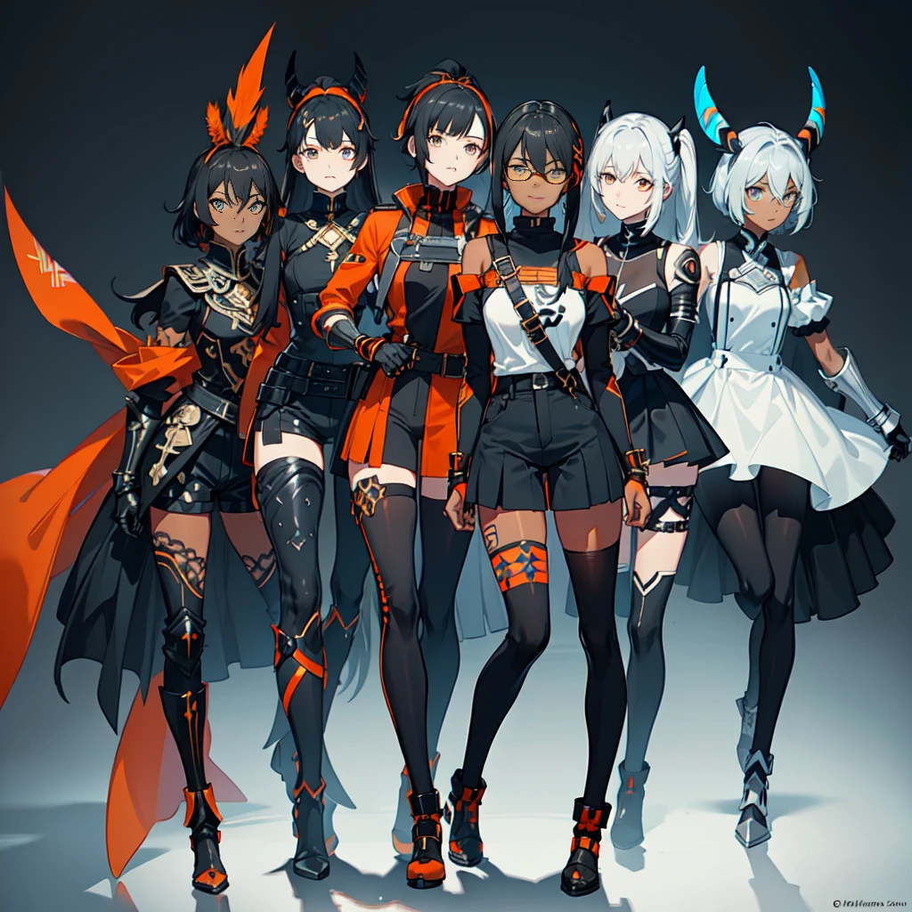 (((One character))), Female, (((Dark Skin)))), Black Hair with Ponytail, Light Blue Eyes, Round Glasses with a Little Dark Lens with this Lens being Orange, and the Light Blue Color frame, (((Black Metallic Gauntlets and Greaves with Orange and Silver Highlights)), (((The Clothes Have a Mix of Modern and Tribal)))), Having Mostly Black Color, but having Orange Parts, Shoulders on Display, On the Hip a Shorts extending to Half of the Thigh of black color.