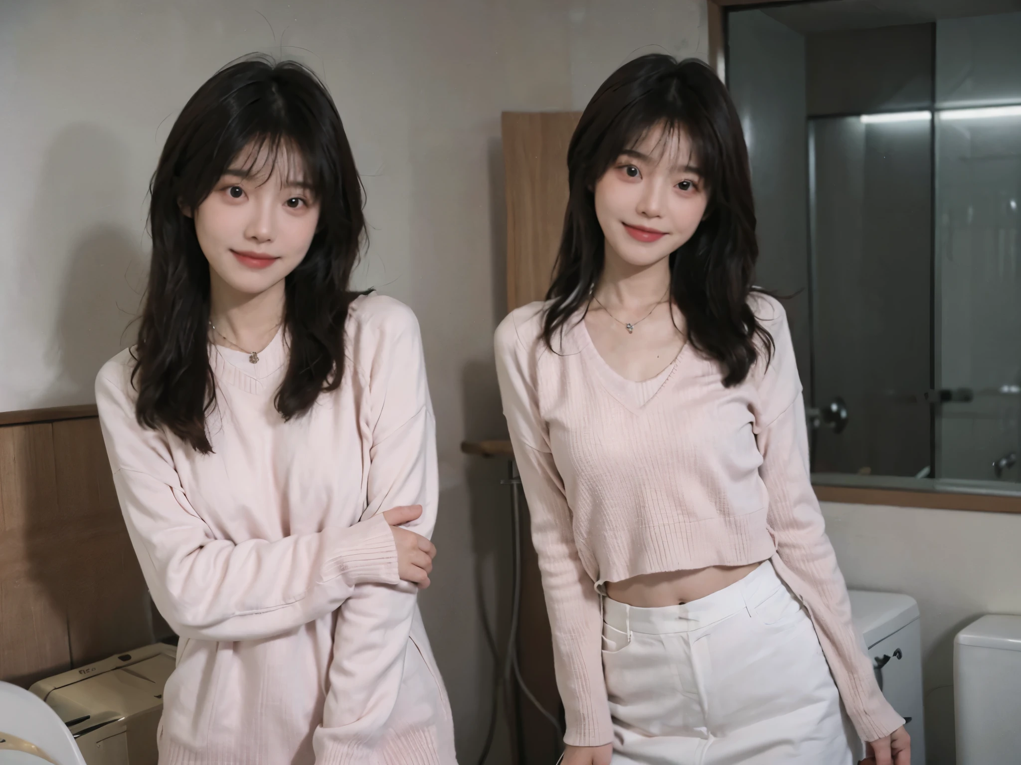 best quality， ultra high resolution， （realistically：1.4），cute hairpin，Baoyu Girl，1 girl,pink long sweater，pink long sweater ，Beautiful woman with slim figure:1.4, abdominal muscles:1.1, (a brown haired one, Medium chest:1.3), pink long sweater, bathroom,Super thin face，exquisite eyes，double eyelids，Smile，necklace