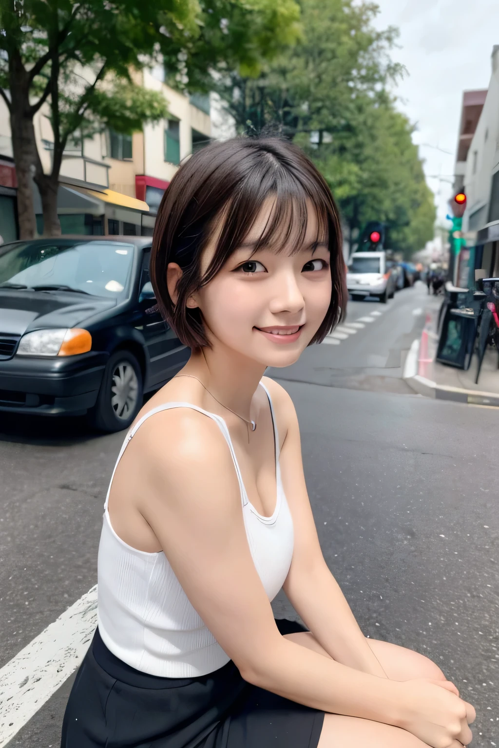 There is a woman sitting on the street corner, 8K Selfie, Short hair, Yoshitomo Nara, Girl cute beautiful face, Smiling at the camera, 19-year-old girl, With a cute - lovely - face, Young and pretty Asian face, Beautiful Asian Girl