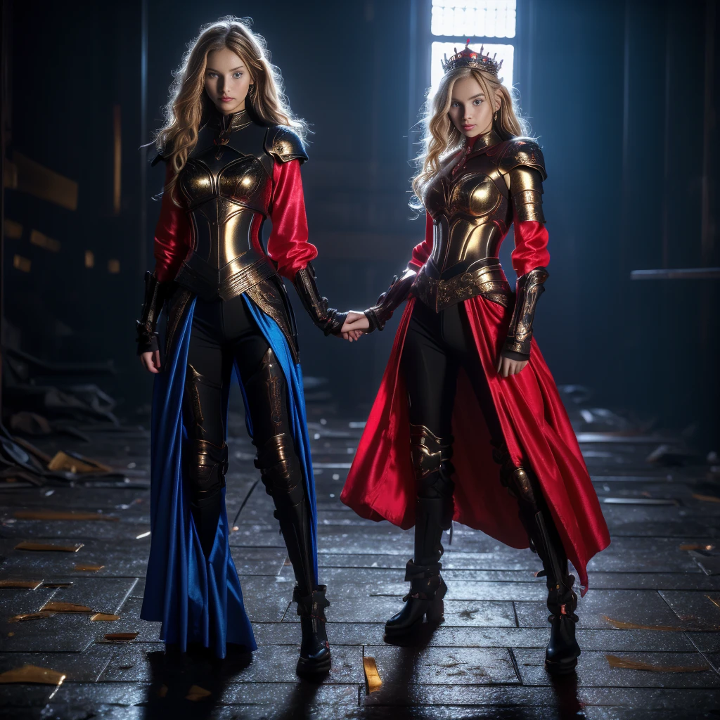 ((Full body photo, standing, feet on the ground)) highest quality, 4K, High resolution, masterpiece:1.2, Super detailed,(front:1.9), (Realistic, Realistic, Photorealistic:1.6), Vibrant, Red and blue eyes,Strong gaze,Seductive eye contact,Bright red iris,Shining stars in the dark blue,Sparkling Eyes,Vibrant colors,(frontを向く:1.5),Fantasy art,(masterpiece:1.2, highest quality), (Realistic, photoRealistic:1.4), Beautiful illustrations, (Natural Side Lighting, Cinema Lighting), Looking at the audience, Upper Body,((highest quality)), ((masterpiece)), (Very detailed:1.3),Woman in black armor, Long Hair. Right hand holds a high-grade sword, Armor fight scene, Very cute face, Very slim body, Very slim, Small waist, Super perfect big , Perfect big round breasts, Smooth skin, Silky Hair, blue eyes, 16 years old, Red Robe,Blue hijab with princess crown , Luxurious golden patterned armor, blonde, Fighting Style, Red lips, Blushing, Erect nipples ,