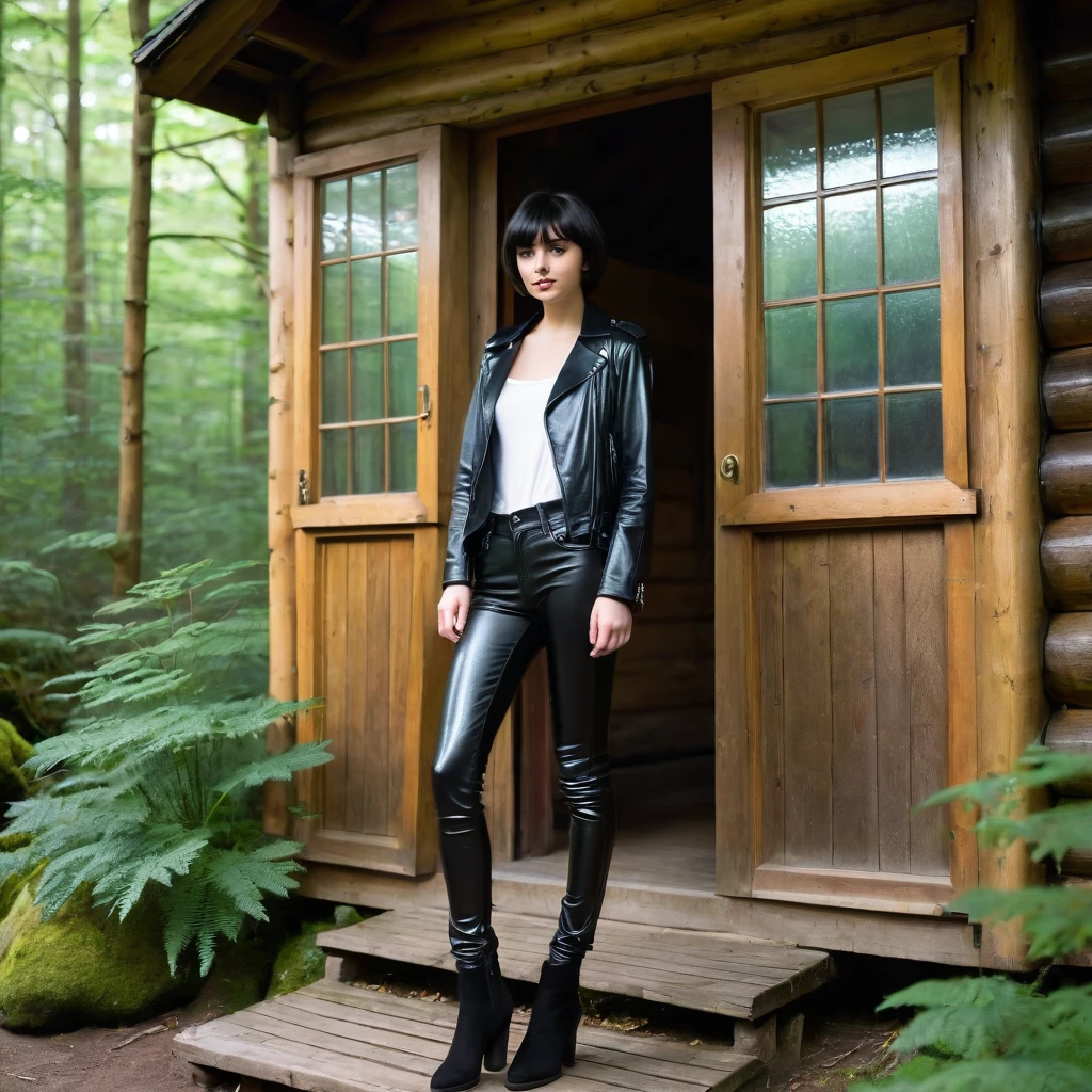 young 18 year old girl, shiny black leather trousers and jacket, skinny body, short black hair, she is standing in front of a door of a hut in the forest
