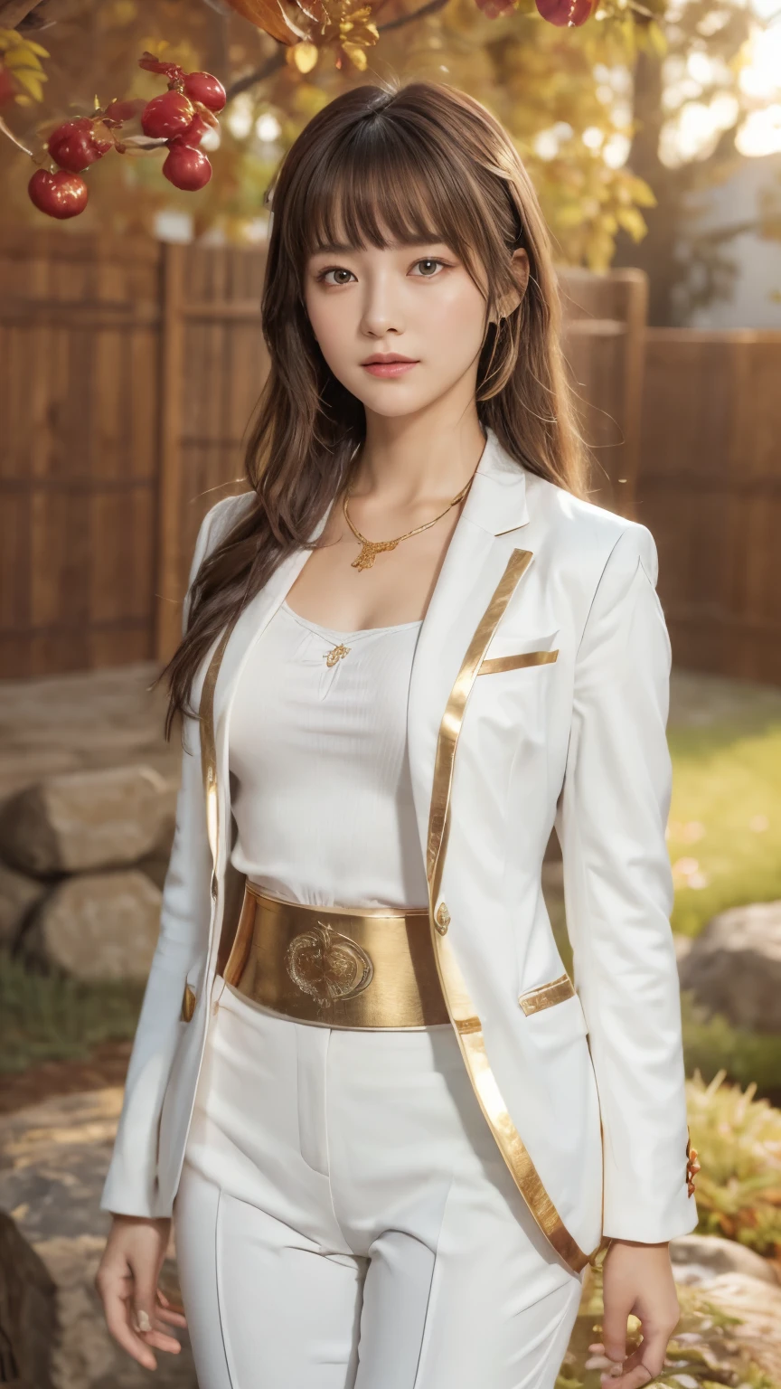 ((masterpiece, best quality, Extremely detailed), Volumetric Lighting, Ambient Occlusion, rich and colorful, Luminescence), 1 Girl, Solitary, Young Girls, (Chestnut bangs), Long hair, Halo, Halo, sacred, goddess, Priesthood, (White suit with gold details:1.3), armor, outdoor, Sunset, Sky, cloud, space, (Fantasy theme:1.2),