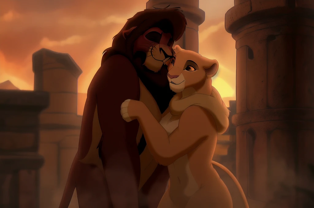 kovu and kiara,anthropomorphic,ancient rome,romantic moment,soft lighting,detailed facial features,intricate clothing,architectural background,chiaroscuro lighting,volumetric fog,golden hour,dramatic poses,cinematic composition,photorealistic,highly detailed,8k,masterpiece