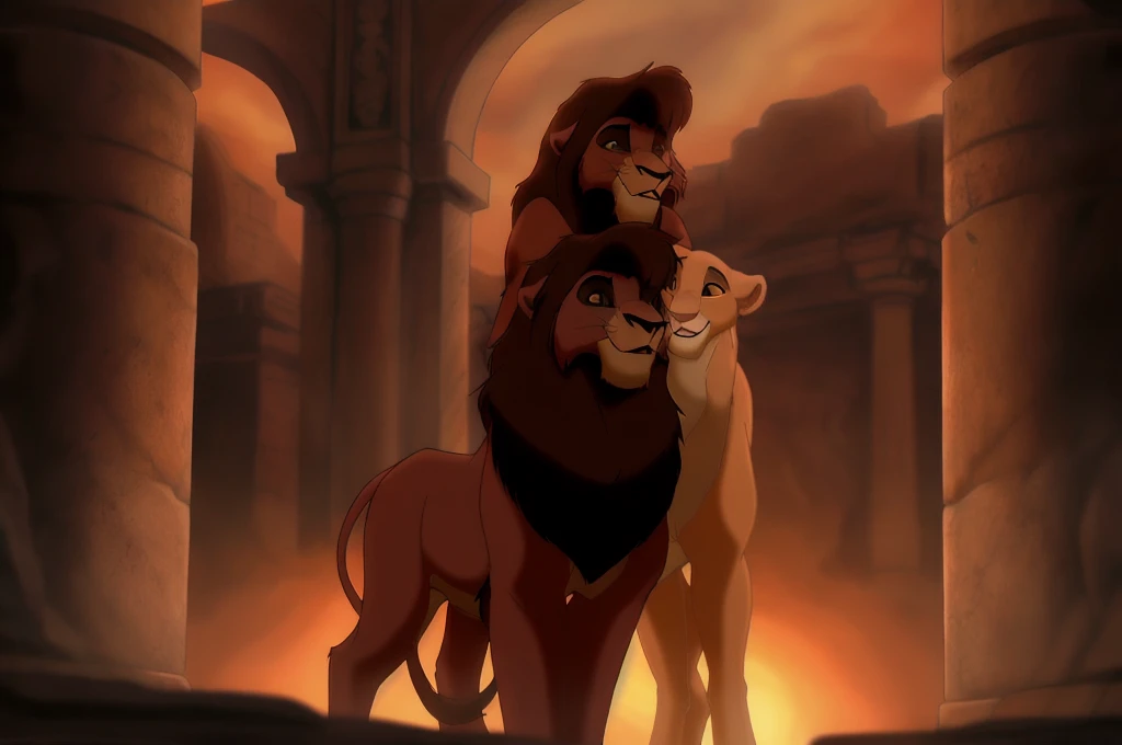 kovu and kiara,anthropomorphic,ancient rome,romantic moment,soft lighting,detailed facial features,intricate clothing,architectural background,chiaroscuro lighting,volumetric fog,golden hour,dramatic poses,cinematic composition,photorealistic,highly detailed,8k,masterpiece