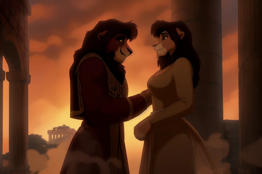 kovu and kiara,anthropomorphic,ancient rome,romantic moment,soft lighting,detailed facial features,intricate clothing,architectural background,chiaroscuro lighting,volumetric fog,golden hour,dramatic poses,cinematic composition,photorealistic,highly detailed,8k,masterpiece