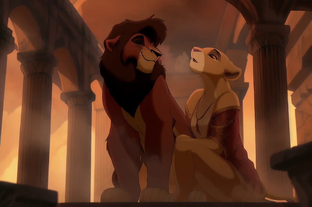 kovu and kiara,anthropomorphic,ancient rome,romantic moment,soft lighting,detailed facial features,intricate clothing,architectural background,chiaroscuro lighting,volumetric fog,golden hour,dramatic poses,cinematic composition,photorealistic,highly detailed,8k,masterpiece