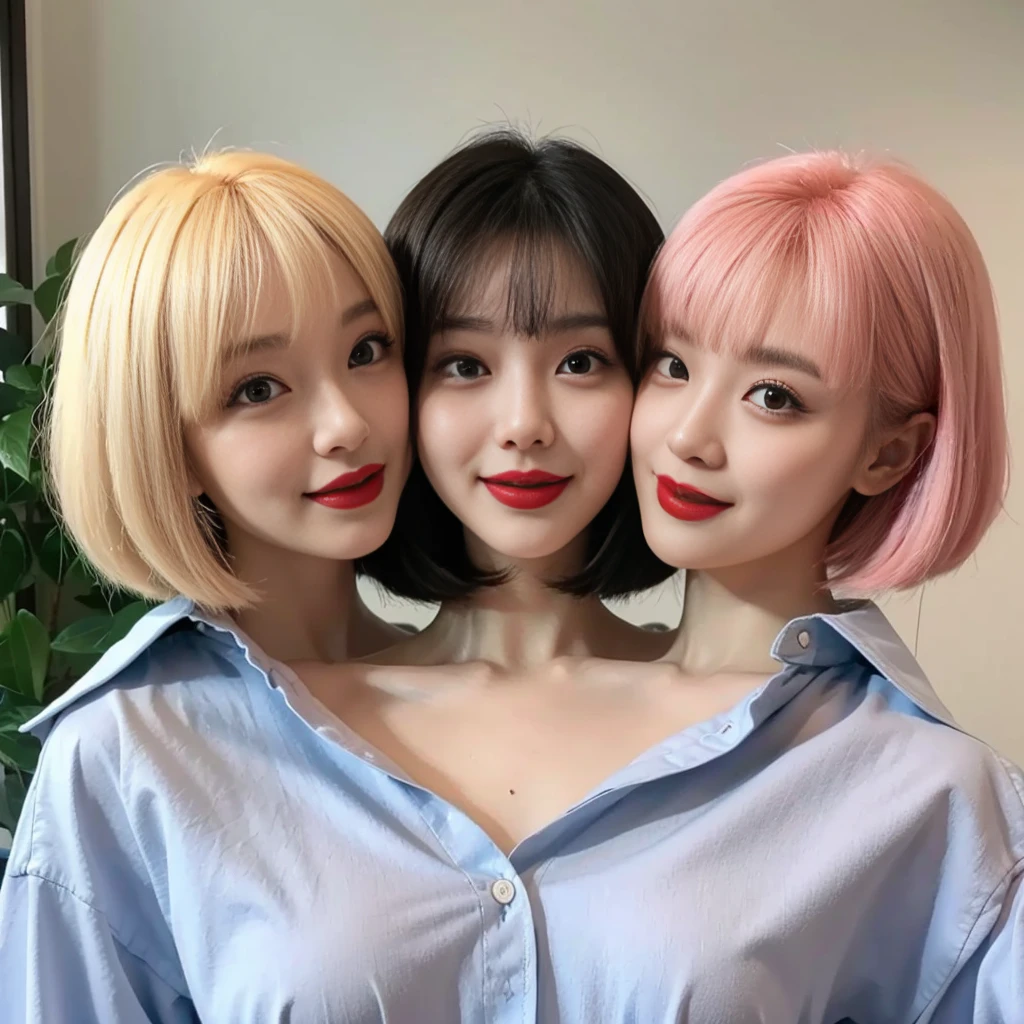 2heads, best resolution, korean woman with three heads, button shirt, smiling, red lipstick, different faces