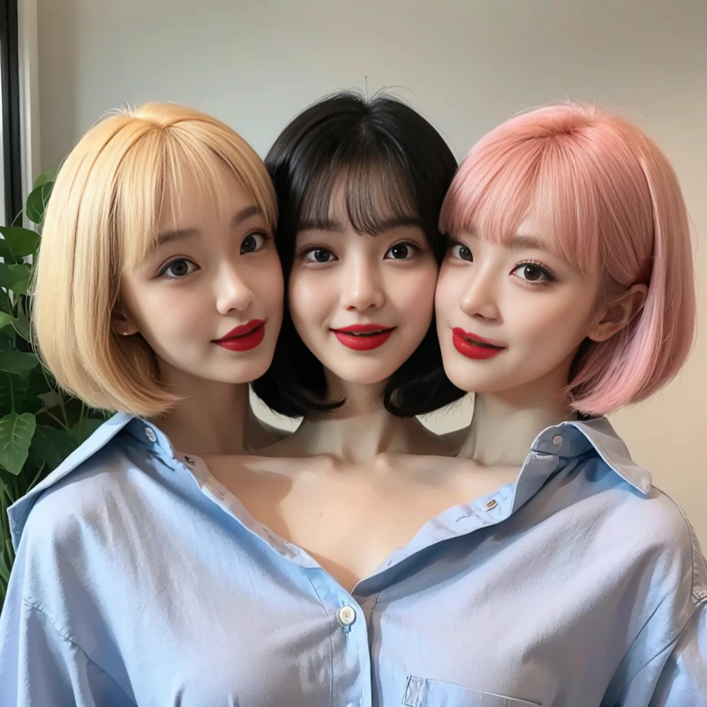 2heads, best resolution, korean woman with three heads, button shirt, smiling, red lipstick, different faces