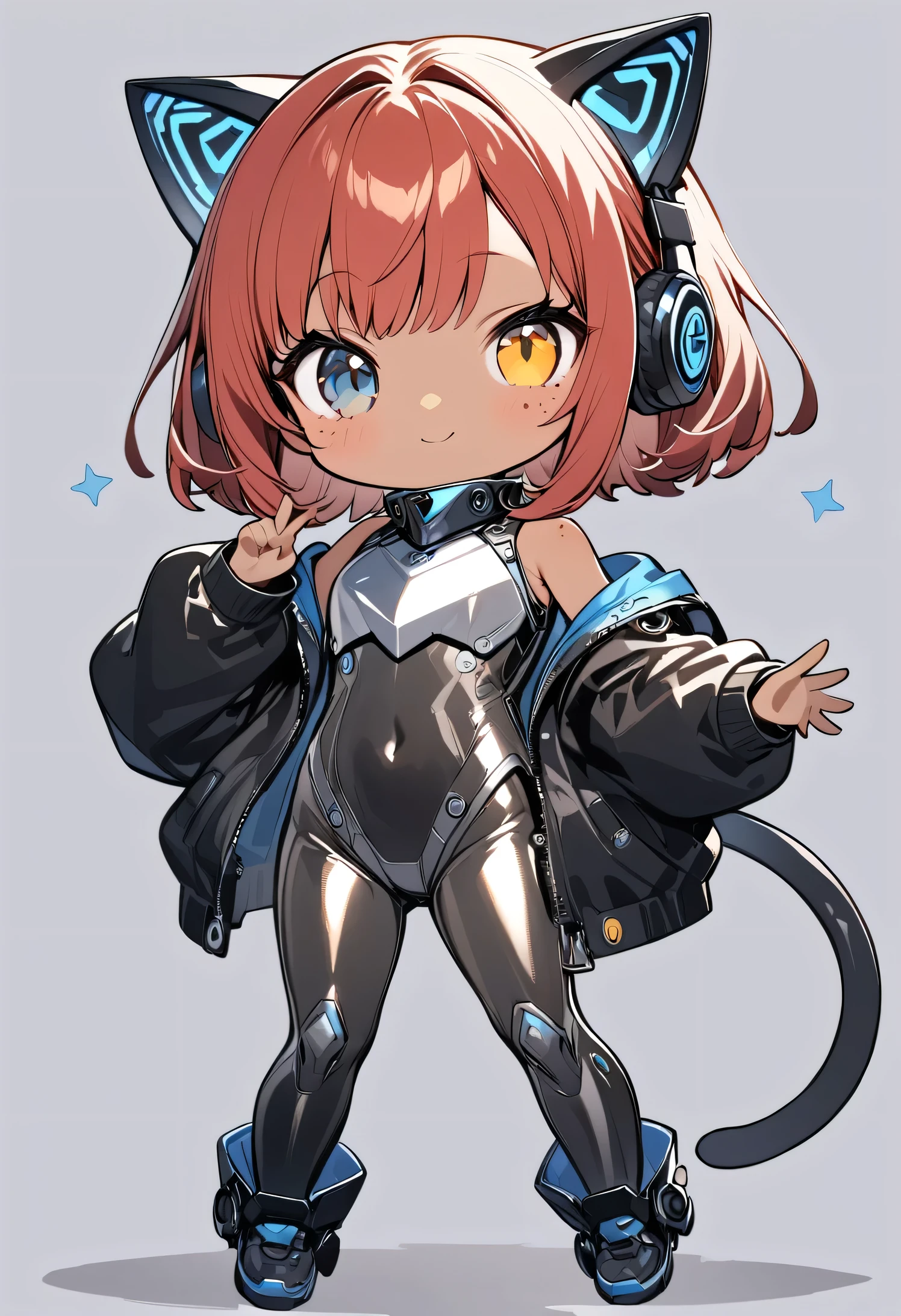 full body,1 girl,(cute:1.3),red Hair, left eye blue, right eye yellow, tan skin, freckles,{White breastplate, Black futuristic cat ear headphones, Mechanical black glossy metallic Bodysuit, Bare shoulders, oversized jacket, futuristic cat tail, Glossy, shiny material,chibi emote, chibi character, cute pose