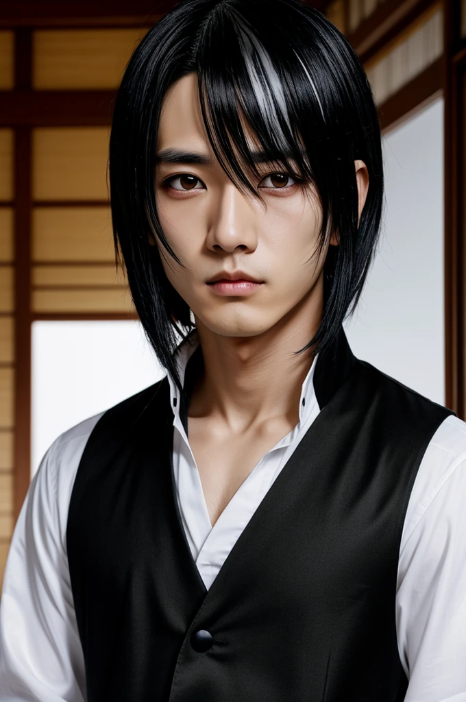 Screenshot Tensei shitara slime anime boy long straight black hair with white highlights white eyes with black lines Japanese clothes elegant serious look