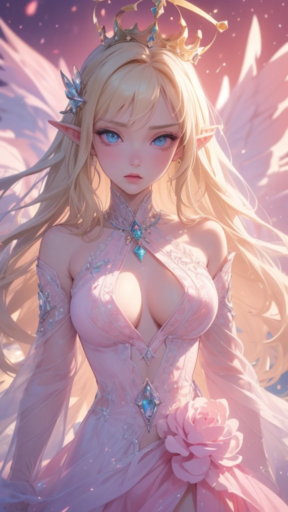  work of art, epic details, ultra detaild, best resolution, blonde, (elf goddess), crown with crystals ((rosto angelical)), eyes locked, (biting lower lip in a sexy way), sculptural body, pink scenery, White and pink clothes, brava. expression of upset