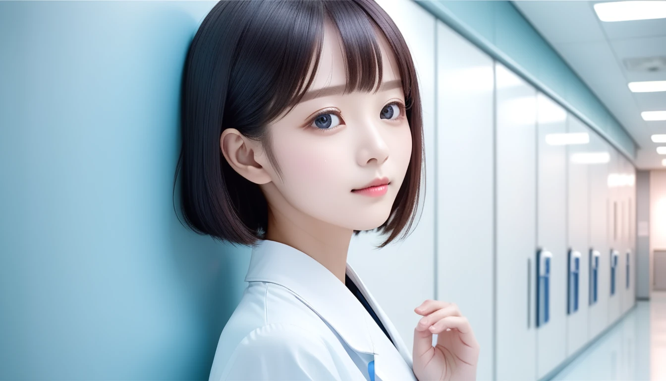 Wall close-up photography,　Take a photo straight-on facing the wall.　 In the clinic of the future、There&#39;s a sci-fi monitor。Bright spot with white walls, Scientific research, The camera is parallel