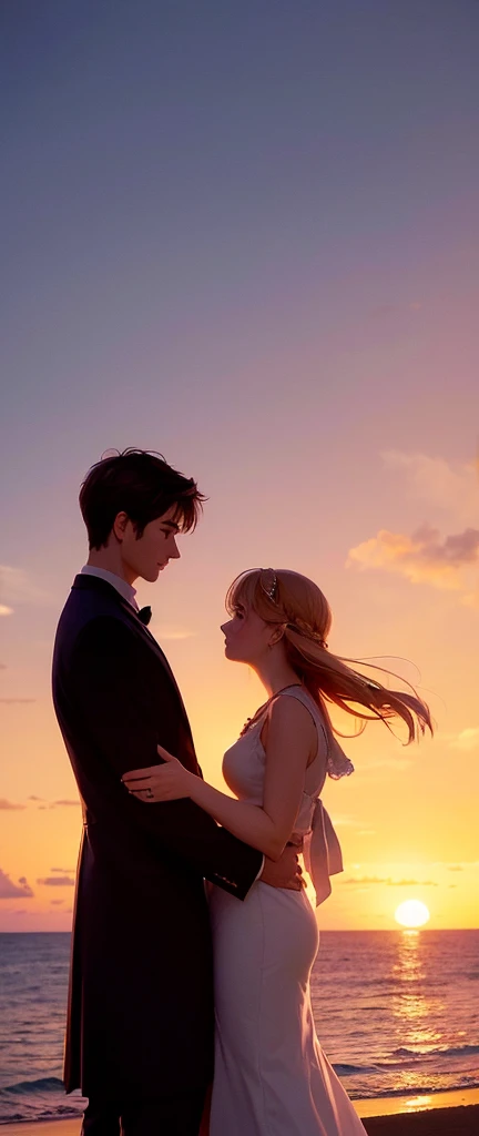 Prompt Title: The Fateful Story of Titanic
Scene 2: Romantic Moment
Setting: The bow of the Titanic at sunset, with the ship cutting through calm waters.
Characters: Jack and Rose standing at the very front of the ship, arms outstretched as if flying, with Jack standing behind Rose, holding her gently. Both characters are smiling, their hair and clothes slightly tousled by the wind.
Background: The sky ablaze with hues of orange, pink, and purple as the sun sets over the ocean, casting a warm glow over the scene.