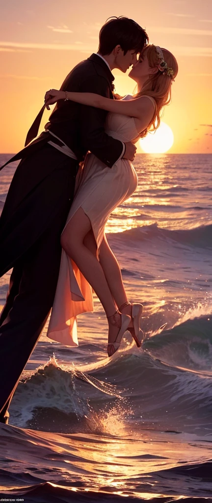 Canon EOS R5 realistic photography with Canon RF 100-500mm F4.5-7.Lens 1L IS USM, a man in a suit and a woman in a luxurious dress waltzing On the surface of the sea, High detail, A high resolution, realism, full compliance with style "On the surface of the sea", People Dancing On the surface of the sea, artistic lighting, granularity, depth of field, RAW-стиль