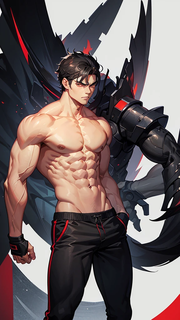 A muscular man, with black hair, serious face, no shirt, black shorts, red eyes, and super sexy