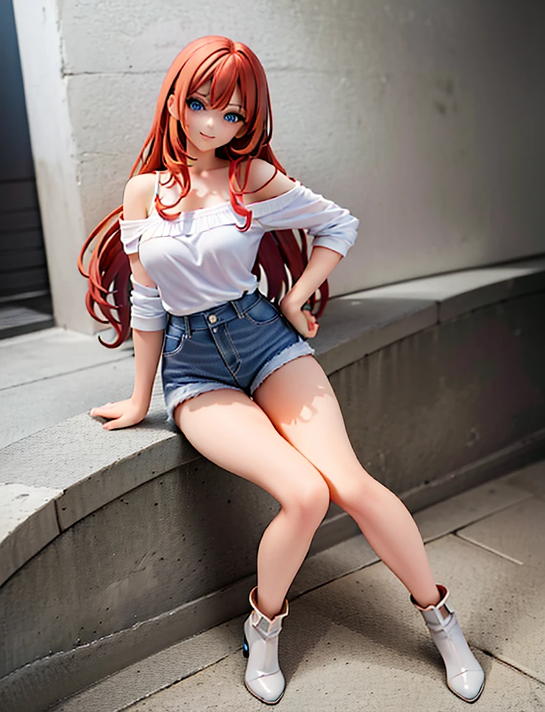 young girl of 15 years, long haired redhead with blue eyes, Short white off-the-shoulder shirt, bright blue short jean shorts, serious look, pose sexy, SMILE, smiling, short brown boots with white