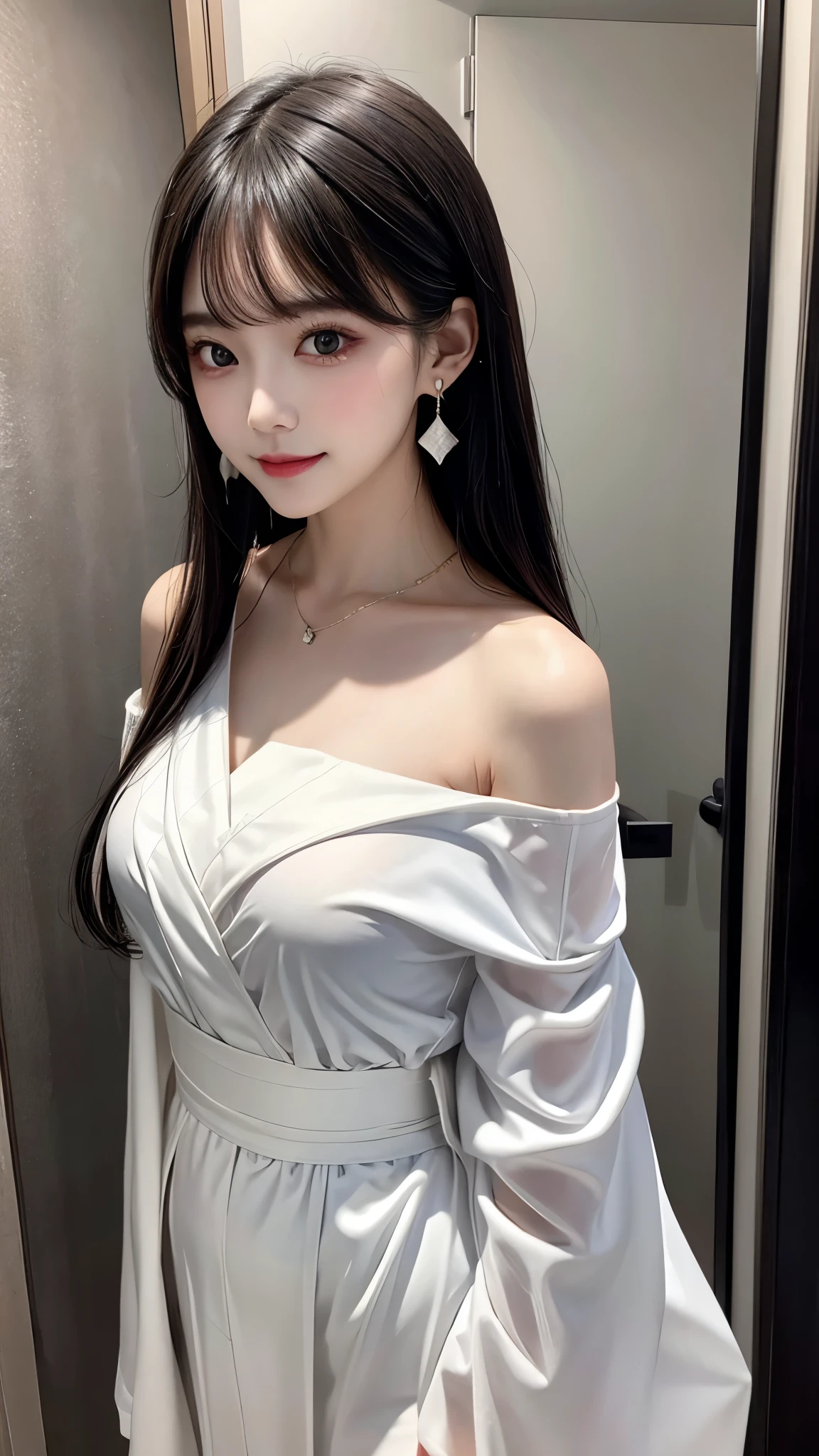 table top, highest quality, shape, Super detailed, finely, High resolution, 8k wallpaper, perfect dynamic composition shape, beautiful and detailed eyes, small breasts, natural color lip, random sexy pose,smile,20 year old girl、midnight、Beautiful and dense face、perfect and beautiful face,Big eyes、real photos（best image quality）,long sleeve blouse、mini skirt、Blurred luxury tower apartment living room background
