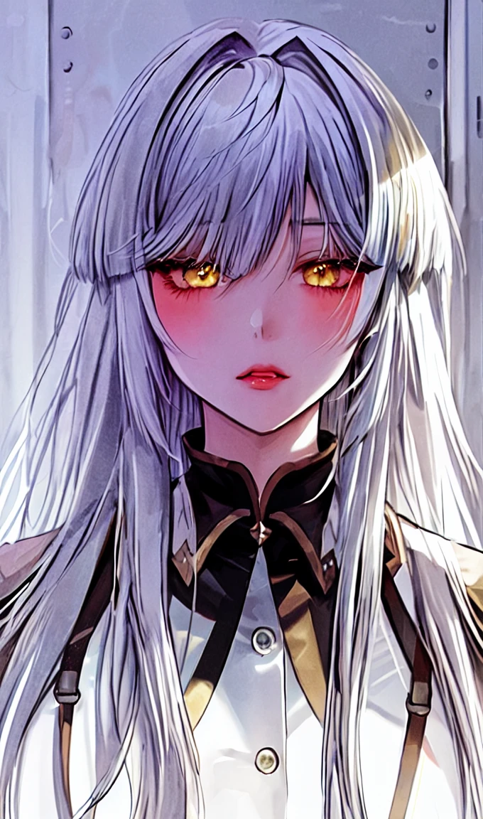 1girl, portrait, solo,lips, female focus, yellow eyes, looking at viewer, white hair, long hair, open mouth, cute