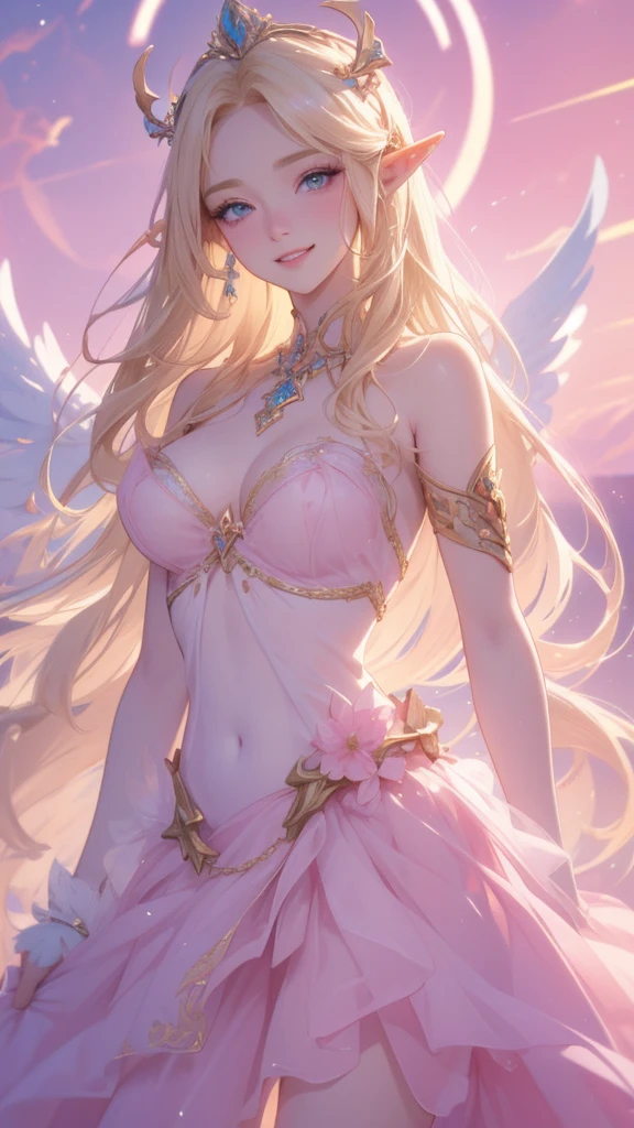 work of art, epic details, ultra detaild, best resolution, blonde, (elf goddess), crown with crystals ((rosto angelical)), eyes locked, (biting lower lip in a sexy way), sculptural body, pink scenery, White and pink clothes, Grinning, happy, expression of contentment, (glad) (great smile)