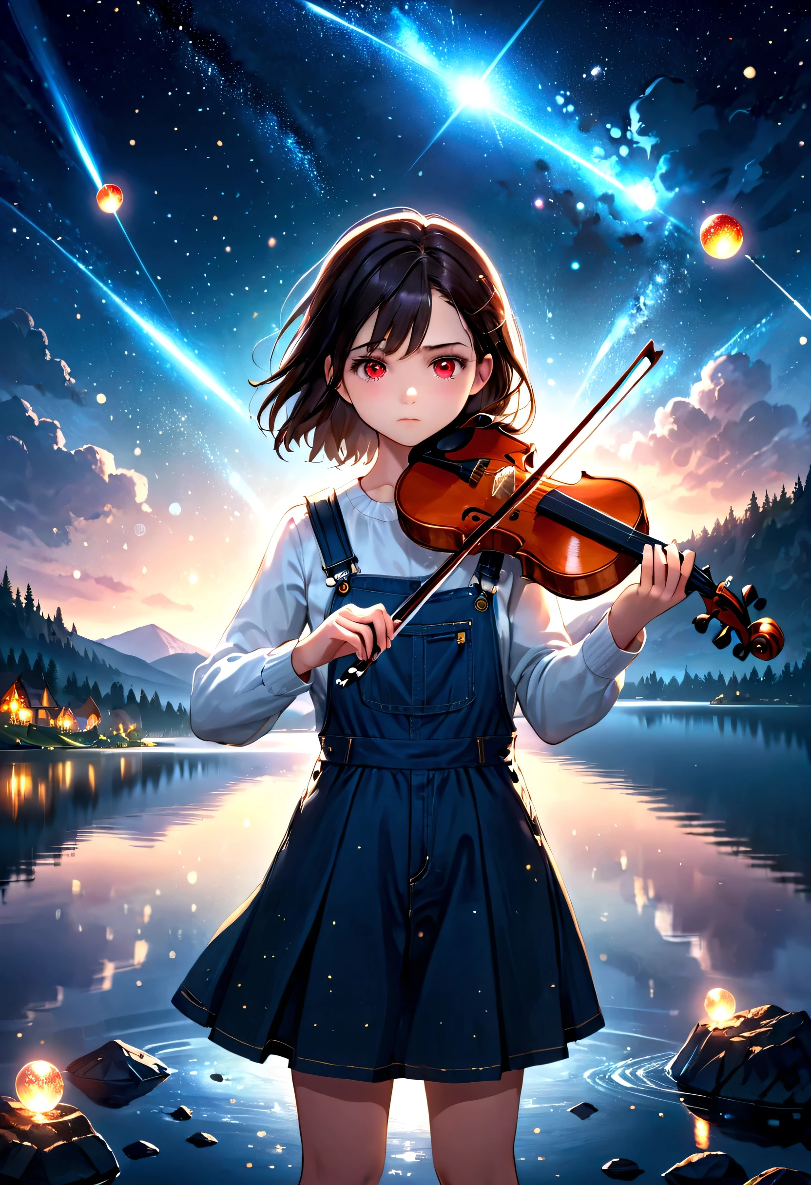 a young girl playing violin, dark hair, red eyes like glass orbs, serious expression, night sky, full of stars, a comet, on a lake, overall scene, with light particles scattered, bokeh effect, best quality, 8k, high resolution, masterpiece