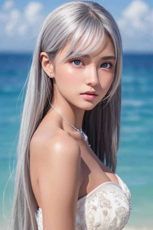 highest quality、Realistic、girl、Silver Hair、Light blue eyes、Long Hair、wedding、Tanned black body、Tan Skin、Brown black skin、slender、Ocean、Bust Shot