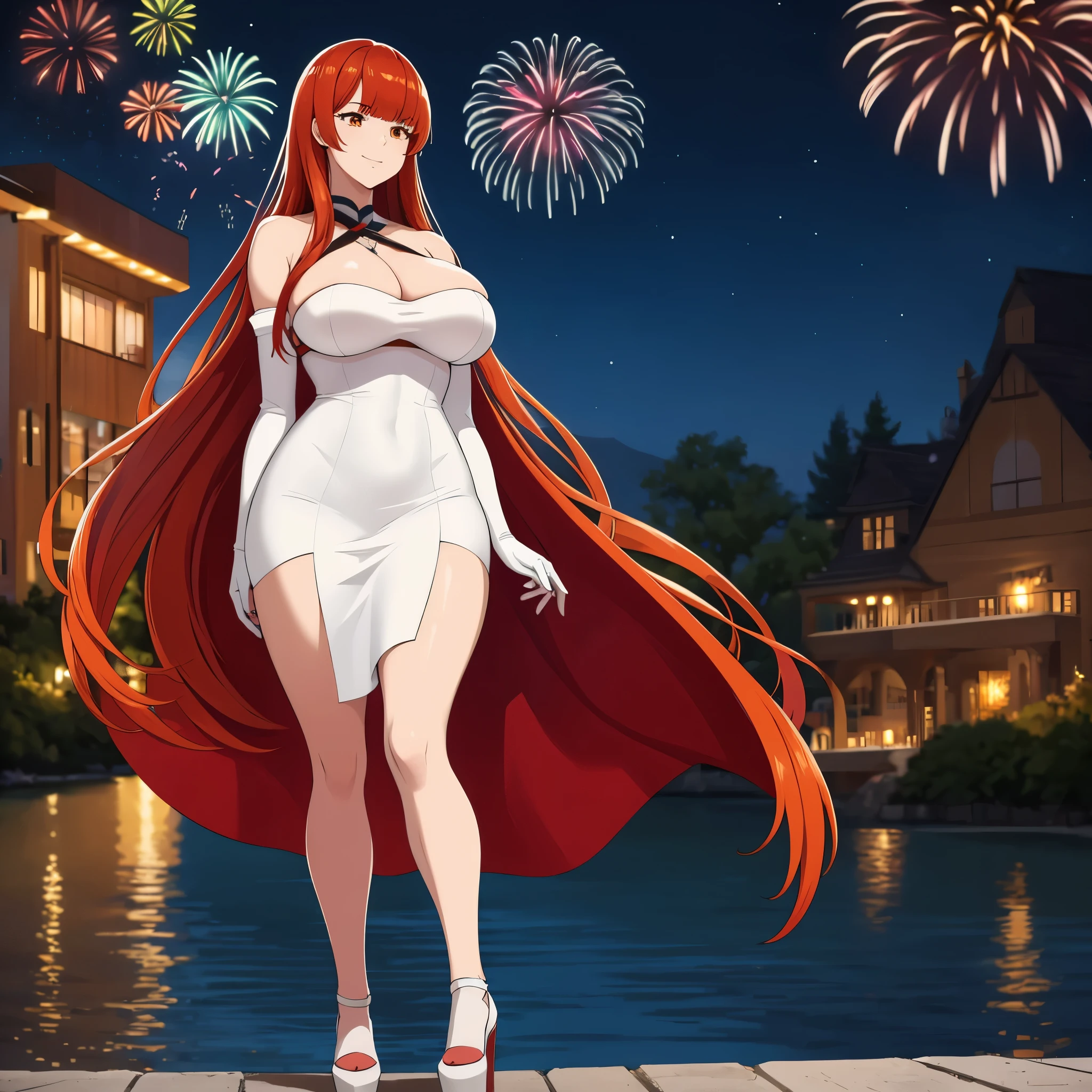 A woman wearing luxury white dress, wearing white fur cape, orange eyes, red auburn hair, long hair, smiling, white glove, exposed shoulder, big breasts, white heels, standing posture, walking on a concrete platform near a lake, place at night, modern building in the background with fireworks in the sky. UHD , prime work , accurate , anatomically correct , textured skin , super details , high quality , best quality, 8k, high resolution, bokeh effect. (woman alone), close view.