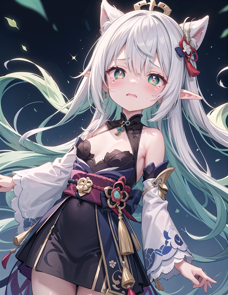 masterpiece,best quality,high quality,(colorful),[Artist miwano rag],[Artist toosaka asagi],[Artist wlop],[Artist chen bin],loli,1girl, solo, petite,loli,elf girl,pointy_ears,small breast,  Darkness, falling, abyss, crying, reaching up, looking up, (chibi:0.1), masterpiece,bestquality, white hair,green hair,green eyes,symbol-shaped pupils, bangs, breasts,cross-shaped pupils, hair ornament, gradient hair, nahida (genshin impact)