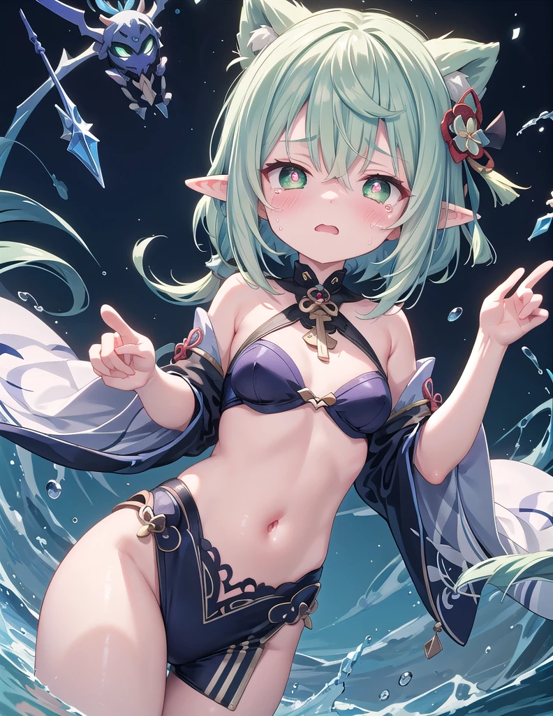 masterpiece,best quality,high quality,(colorful),[Artist miwano rag],[Artist toosaka asagi],[Artist wlop],[Artist chen bin],,1girl, solo, petite,loli girl,pointy_ears,small breast,  Darkness, falling, abyss, crying, reaching up, looking up, (chibi:0.1), masterpiece,bestquality, white hair,green hair,green eyes,symbol-shaped pupils, bangs, breasts,cross-shaped pupils, hair ornament, gradient hair, nahida (genshin impact)