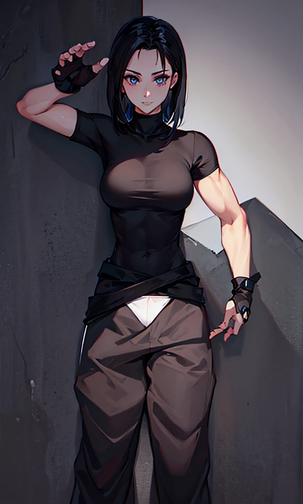 girl, short black hair, kung fu style pants, black t-shirt, muscular body