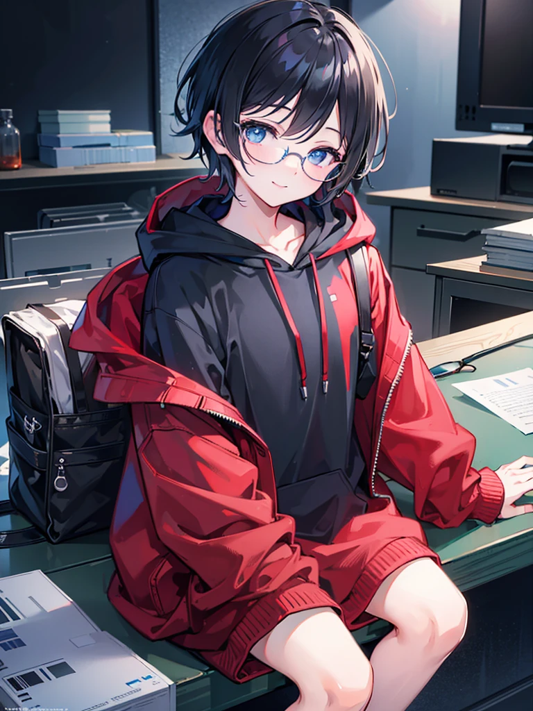(((masterpiece))), best quality, Ultra-fine CG unity 8k wallpaper (1 Boy)((Black short hair)), ((blue eyes)), ((Black glasses)) (Gentle smile) (Red Hoodie)campus