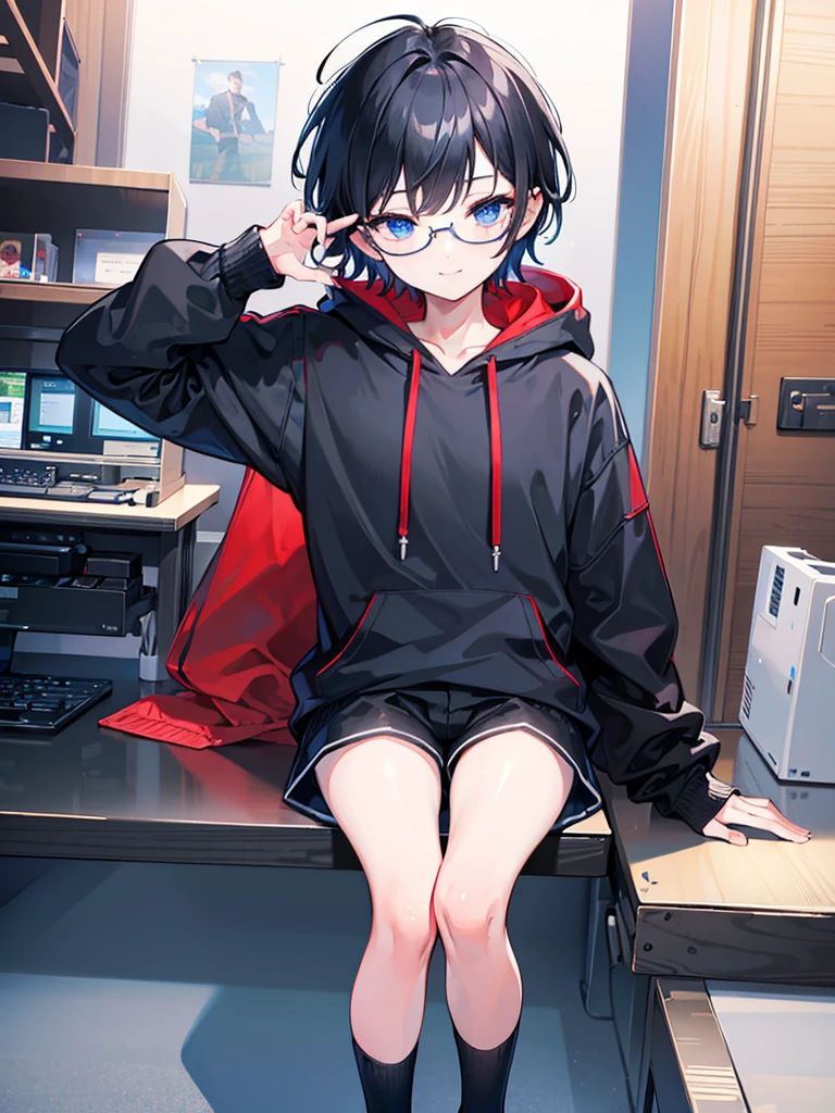 (((masterpiece))), best quality, Ultra-fine CG unity 8k wallpaper (1 Boy)((Black short hair)), ((blue eyes)), ((Black glasses)) (Gentle smile) (Red Hoodie)campus