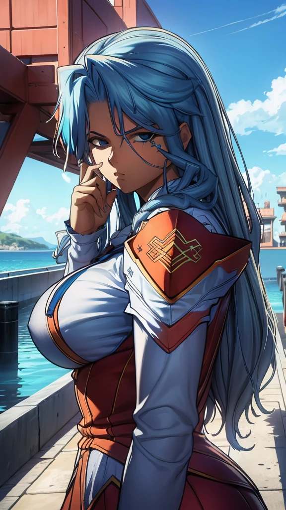 High detailed, 1 girl, huge wavy hairstyle aegean-blue colored hair, detailed Cyan eye, eyepatch, busty, huge And round buson, gorgeous plump body, Orange clothes, violent face, serious face, eyepatch, eyepatch, eyepatch, looking to the viewer, facing the viewer