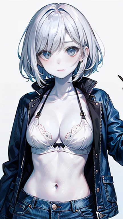 (AkiyamaYukari:1.25),

One Woman,

(Silver Hair:1.5),
(Short Hair,)Bobcut,

Late 30s,Natural skin texture,Narrow waist,Thin type,
(White Skin:1.9),low length,Japanese Girl,,
Black Eyes,Small breasts,Belly button,

((((Black cleavage-baring jacket)))),
(((Jeans pants:Lower to waist))),
((Hip Hugger Underwear)),
(Black corset:1.1),

((ID photo:1.8,Plain cerulean blue background:1.6,Capture your subject from the front)),
expression(anger),upright posture,Closed Mouth,narrowed eyes,blush,


Natural depiction,
Beautiful depiction,
Shiny eyes,
Healthy Body,
Natural hairstyle,
Natural body contours,
Natural facial contours,
(Five fingers)Absolute depiction,Symmetrical fingers,
Two arms,
Two legs,
Sharp eyelid depiction,
Symmetrical eyes,Symmetrical eyes,
Keep the subject in the center,Expand the upper body,
Beautiful image quality,
Delicate shades,
4K,Very detailed,
Delicate light adjustment,
Delicate contour drawing,