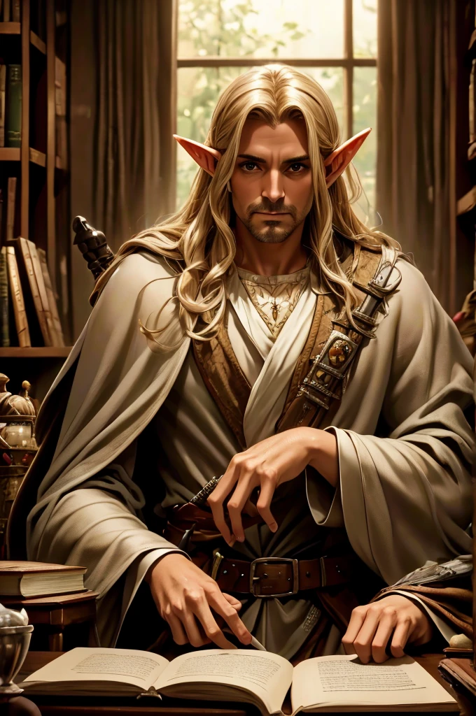 Elf 40 year old man who is wearing a fancy cleric robe with a battle sword on his shoulder, sitting behind a desk with lots of papers piled behind him in a full library lots of books scattered everywhere.
