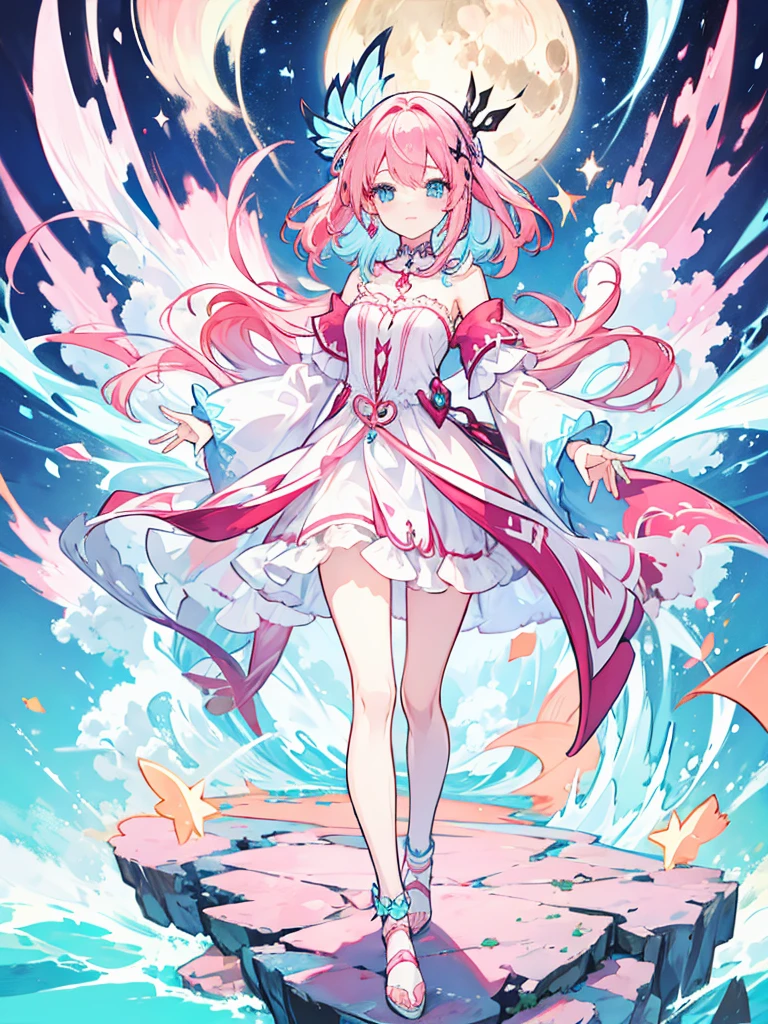fantasy world girl with colorful hair, accessories, detailed clothes, pink hair, blue eyes, white and red clothes 