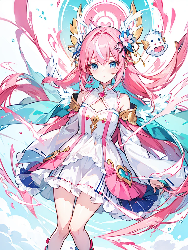 fantasy world girl with colorful hair, accessories, detailed clothes, pink hair, blue eyes, white and red clothes