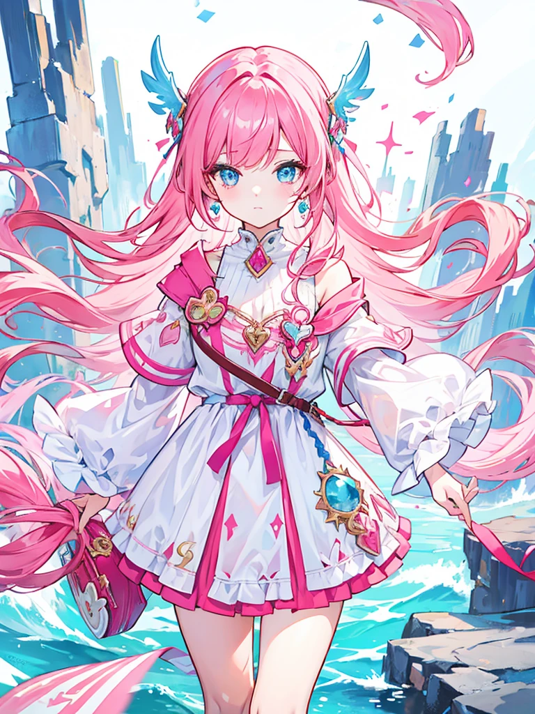 fantasy world girl with colorful hair, accessories, detailed clothes, pink hair, blue eyes, white and red clothes 
