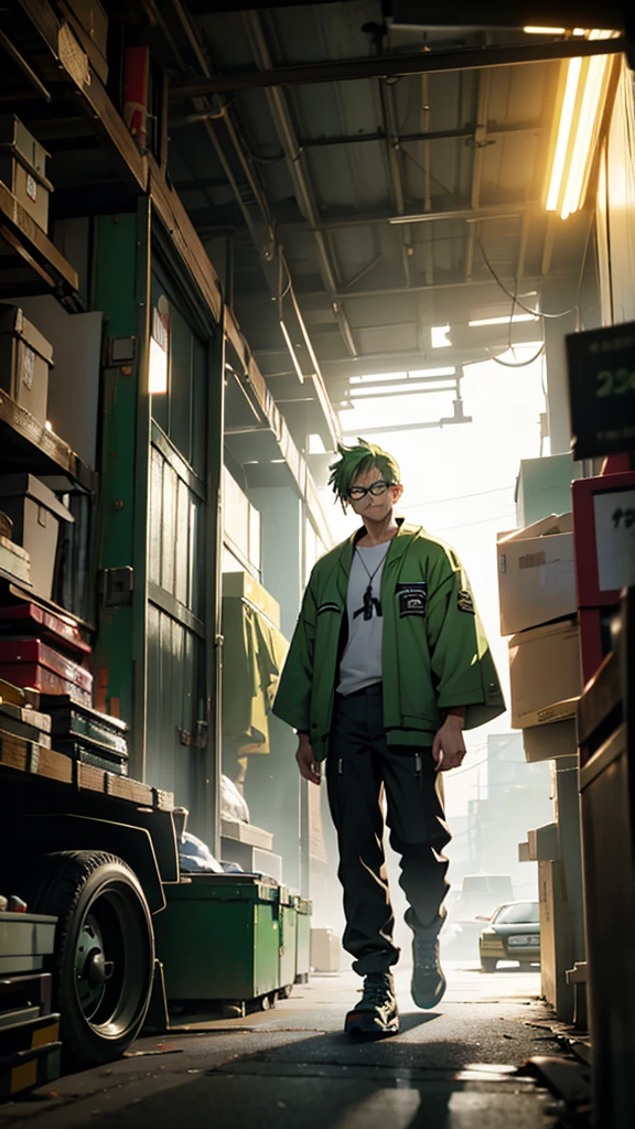 A man with green hair and glasses standing in a garage full of cars, Movie still 8k, 8K Cinema Stills, Live-action movie stills, Cinematic, Japanese live-action films, A scene from a live-action movie, Tokyo Drift, Lostrun 8k,