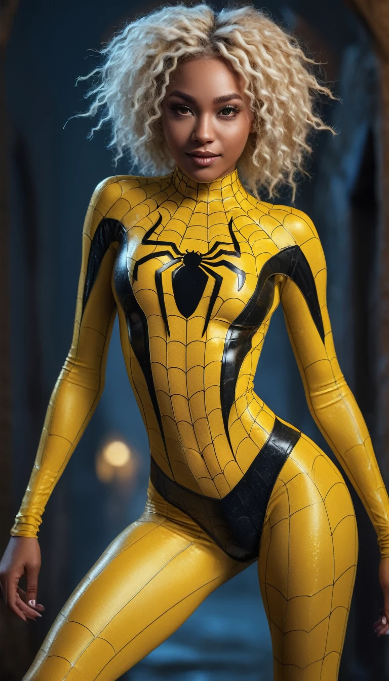 Incredibly beautiful African girl, ((short Yellow hair)), cleavage, (wearing a spiderman costume), Ebony Goddess, Descendant of Afro ((sexypose, sexually dressed)), 8K, (skin texture:1.1), (Sweaty Body 1.1), (Skin Shine 1.1), (highly detail face:1.1), High detail of the body, highly detailed clothes, (Masterpiece), (Realistic), extra high resolution, 8K, extra high resolution, Film grain, Cinematic lighting, rim lighting, photo by Arnie Freytag
