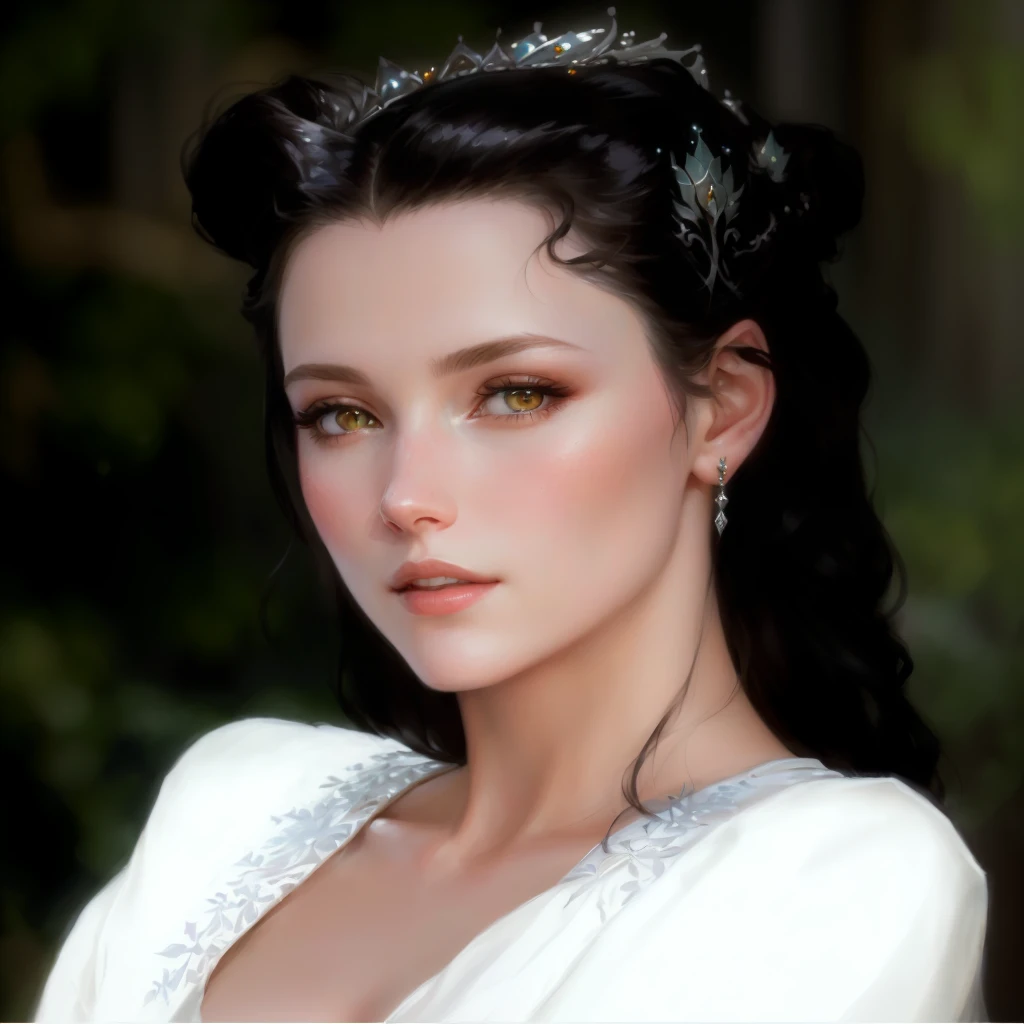 a close up of a woman wearing a white dress and a tiable, work of art! portrait of arwen, beautiful maiden, beautiful elven princess, beautiful fantasy art portrait, very beautiful elven top model, beautiful maiden de fantasia, Elven Princess, portrait of snow white, pale, snow-white skin, beautiful fantasy portrait, ((a beautiful fantasy empress)), beautiful photorealistic face