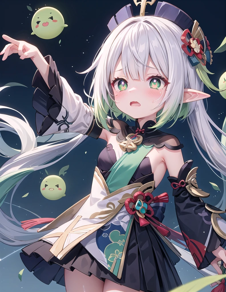 masterpiece,best quality,high quality,(colorful),[Artist miwano rag],[Artist toosaka asagi],[Artist wlop],[Artist chen bin],,1girl, solo, petite,loli girl,pointy_ears,small breast,  Darkness, falling, abyss, crying, reaching up, looking up, (chibi:0.1), masterpiece,bestquality, white hair,green hair,green eyes,symbol-shaped pupils, bangs, breasts,cross-shaped pupils, hair ornament, gradient hair, nahida (genshin impact)