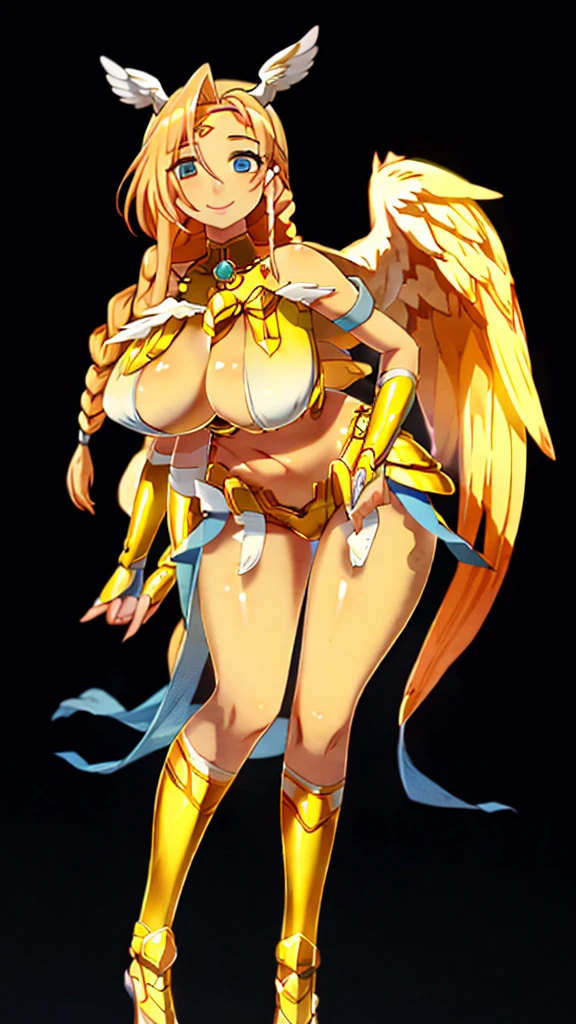 A tall goddess woman beautiful sexy sensual beautiful beautiful tenderness affectionate pretty smiles kindly long yellow hair wavy to the side one Mencho short yellow braid her light blue eye another orange eye she dresses bright gold metal brassiere shows navel and shorts gold armor shows leg socks black net and has angel wings on his back