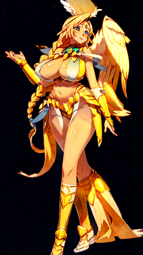 A tall goddess woman beautiful sexy sensual beautiful beautiful tenderness affectionate pretty smiles kindly long yellow hair wavy to the side one Mencho short yellow braid her light blue eye another orange eye she dresses bright gold metal brassiere shows navel and shorts gold armor shows leg socks black net and has angel wings on his back