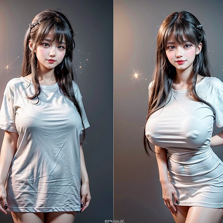 White and Bright Red, (Masterpiece 8K TopQuality:1.2) (ProfessionalPhoto:1.37) ExtremelyDetailed (((KAWAII girl with HUGE boobs:1.37)) (oversized t-shirt) Extremely detailed (Delicate cotton textures) PerfectLighting (Studio Dark GRAY Background) with (Dazzling RainbowColor Particles) BREAK (((NOGIZAKA FaceVariations))), Extremely Detailed (very KAWAII Face), Childish CaptivatingGaze Stunning ParfectEyes ElaboratePupils with (SparklingHighlights:1.28), DoubleEyelids with (Detailed Voluminous LongEyelashes:0.88), Small GlossyRedLips with BeautifulDetails, CoquettishTongue, PUNIPUNI RosyCheeks, Radiant PearlSkin with Transparency, Glowing DowneyHair . { (Dynamic Joyful expressions LifeLike Rendering:1.4) | (:d) }, (large eyes:-1) .