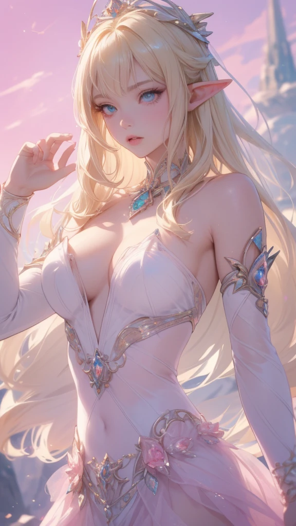 work of art, epic details, ultra detaild, best resolution, blonde, (elf goddess), crown with crystals ((rosto angelical)), eyes locked, (biting lower lip in a y way), sculptural body, pink scenery, White and pink clothes, fearless, victorious, warrioress, posição fearless, bravura, Stately