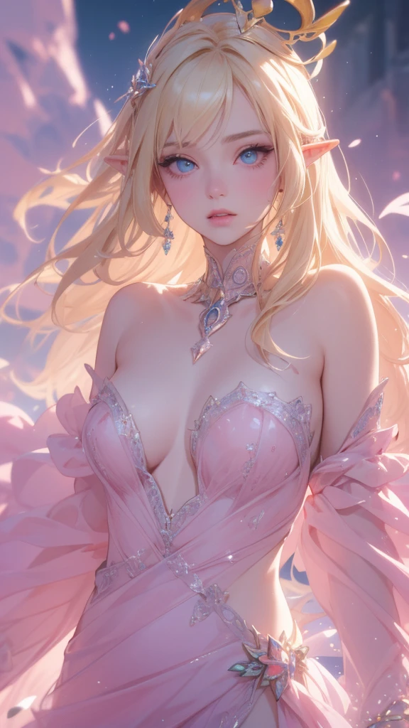  work of art, epic details, ultra detaild, best resolution, blonde, (elf goddess), crown with crystals ((rosto angelical)), eyes locked, (biting lower lip in a  way), sculptural body, pink scenery, White and pink clothes, fearless, victorious, warrioress, posição fearless, bravura, Stately 