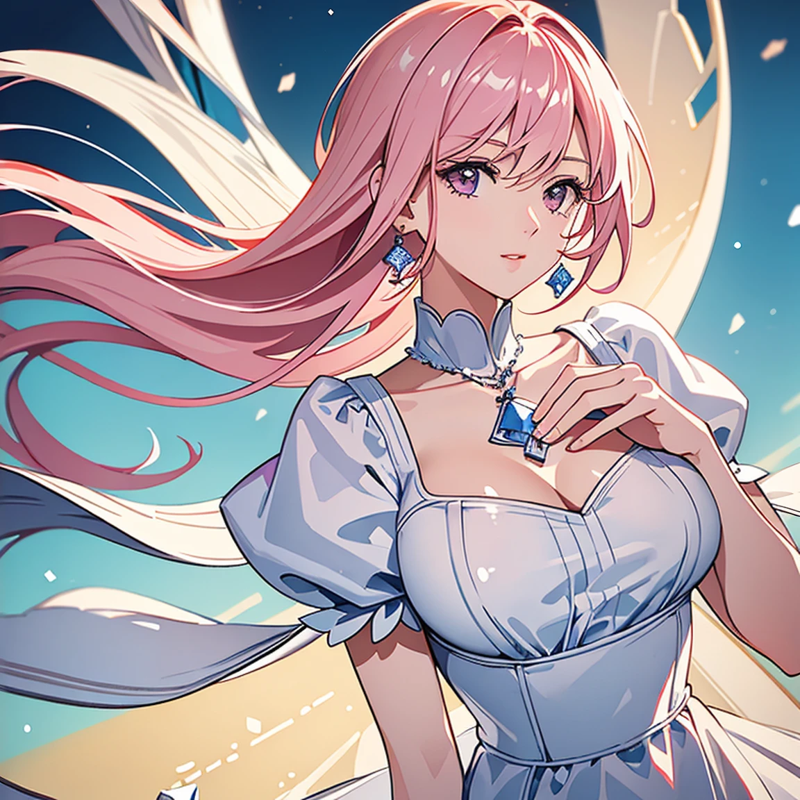 (masterpiece, high quality, best quality, 4k, 8k:1.4), 1girl, solo, pink hair, brown eyes, double-parted bangs, long hair, (mature female, mature:1.2), mole under eye, earrings, strap sweetheart white dress, detailed face, beautiful detailed eyes, beautiful detailed lips, extremely detailed face, long eyelashes, intricate details, soft lighting, soft color pallette, perfect anatomy