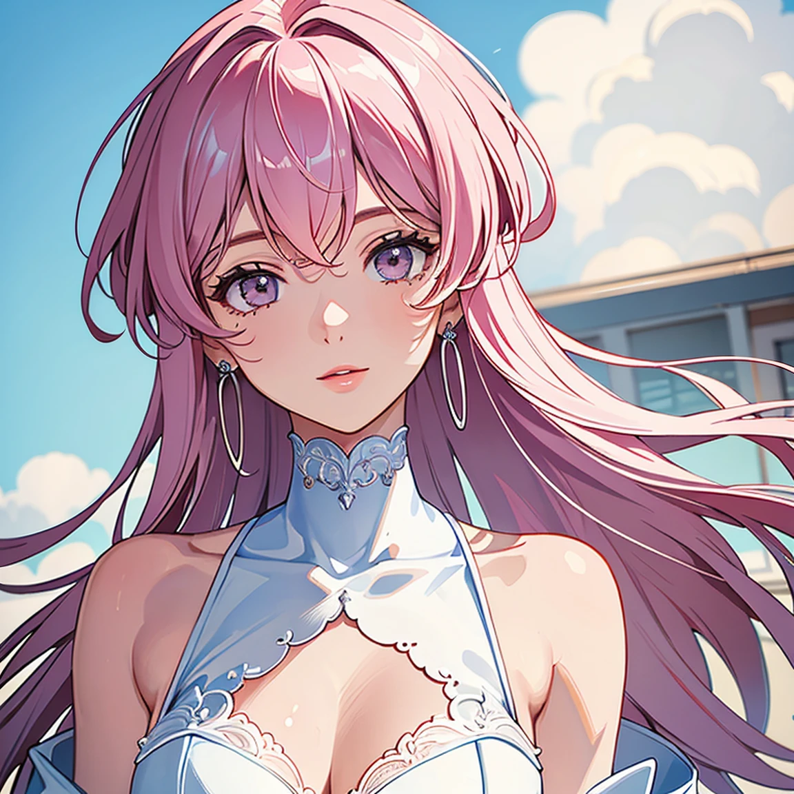 (masterpiece, high quality, best quality, 4k, 8k:1.4), 1girl, solo, pink hair, brown eyes, double-parted bangs, long hair, (mature female, mature:1.2), mole under eye, earrings, strap sweetheart white dress, detailed face, beautiful detailed eyes, beautiful detailed lips, extremely detailed face, long eyelashes, intricate details, soft lighting, soft color pallette, perfect anatomy